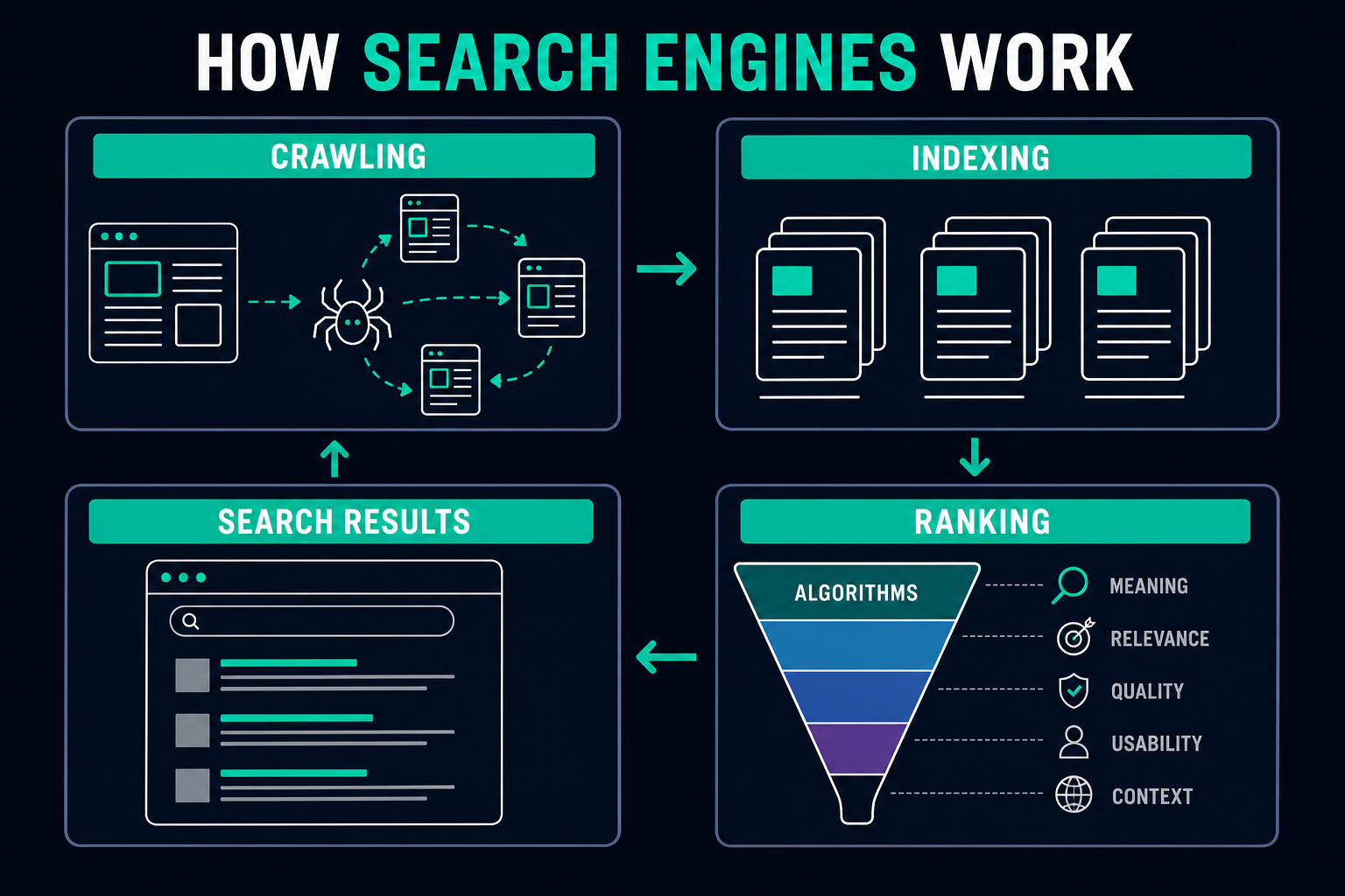 How search engines work: crawling, indexing, ranking, and search results